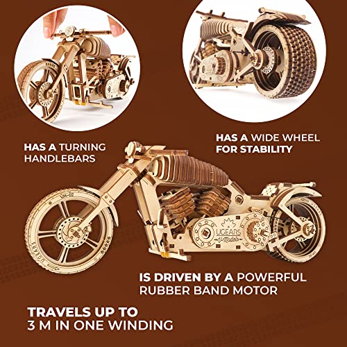 UGEARS Bike DIY Kit – Wooden Mechanical Motorcycle Project – Bike VM-02 Rubber Band Engine – for Vehicle Passionate and Bikers – Plywood Model with - WoodArtSupply