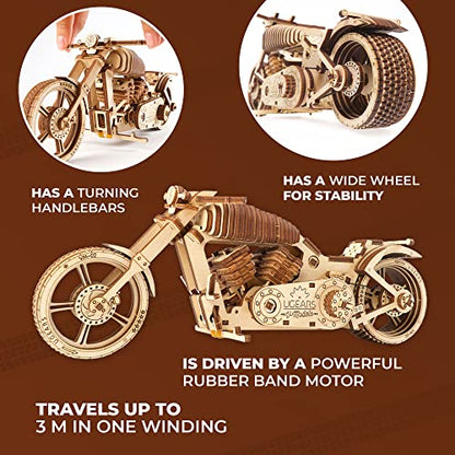 UGEARS Bike DIY Kit – Wooden Mechanical Motorcycle Project – Bike VM-02 Rubber Band Engine – for Vehicle Passionate and Bikers – Plywood Model with - WoodArtSupply