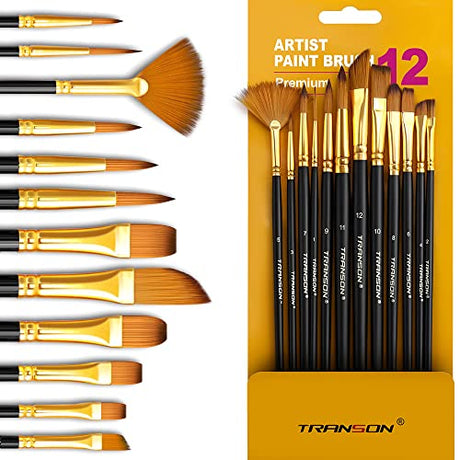 Transon Art Painting Brush Assorted Set of 12 for Acrylic Watercolor Gouache Hobby Painting TRANSON