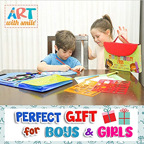 Drawing Stencils for Kids Kit & Carry Case – – Child-Safe, Non-Toxic Stencil Set with 300 Shapes, Colored Pencils, Paper, Etc. – Travel Art Supplies Art with smile