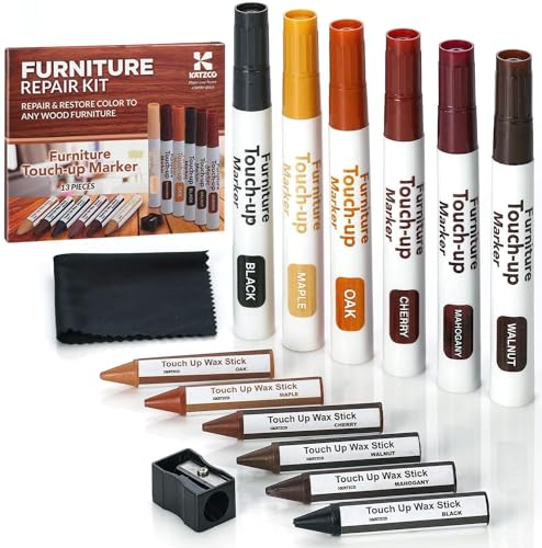 Katzco Furniture Repair Kit Wood Markers - Set of 13 - Markers and Wax Sticks with Sharpener - for Stains, Scratches, Floors, Tables, Desks, Katzco