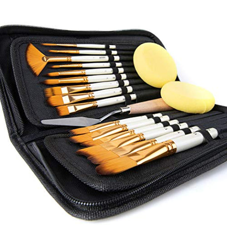 ARTIFY 15 Pieces Paint Brush Set, Intermediate Series, Includes Pop-Up Carrying Case with Palette Knife and 2 Sponges, for Acrylic, Oil, Watercolor ARTIFY art supplies