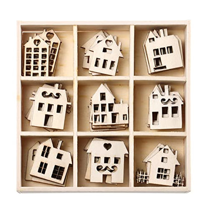 SUPVOX 45pcs Wood Craft Shapes House Shaped Wood Embellishment Cutout Veneers for DIY Craft Project Home Ornaments