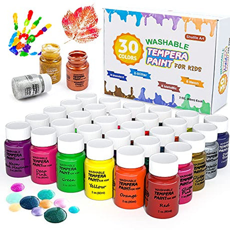 Tempera Paint, Shuttle Art 30 Colors Washable Paint for Kids, 2oz/60ml Bottle, Non-toxic Finger Paints for Toddlers with Glitter Metallic Neon Shuttle Art