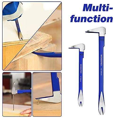 WORKPRO 2-Piece Nail Puller Set, 12” Pry Bar, 8” Mini Crowbar, Cats Paw Nail Remover, Claw Bar, for Kitchen Remodel, Prying Apart Baseboard, WORKPRO