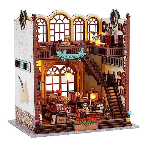 DIY Miniature Wooden Dollhouse Kit: Magic Book Store House with Furniture and LED - Great Handmade Crafts Model Building Kit Decor Gifts for Adults - WoodArtSupply