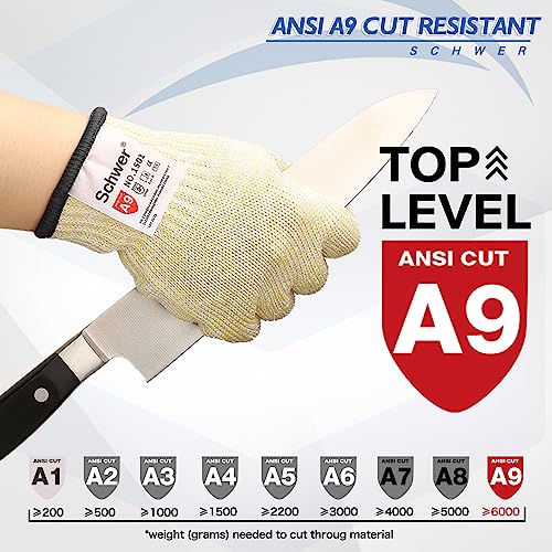 Schwer ANSI A9 Cut Resistant Gloves, Uncoated Food Grade Reliable Cutting Gloves, Mandoline Gloves for Kitchen Meat Cutting, Oyster Shucking, Fish Schwer
