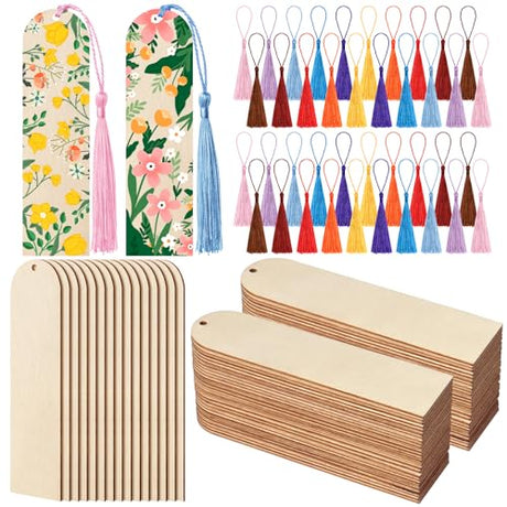 Ira Pollitt 50 PCS Unfinished Wood Bookmark with 50 PCS Colorful Tassels Blank Bookmarks Ornament Arch Wooden Bookmarks DIY Bookmarks for Christmas Ira Pollitt