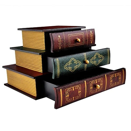 POWER UNICO FLOWER Vintage Decorative Organizer Wooden False Book Storage Box Jewelry Box with Three-layer Drawers (312) POWER UNICO FLOWER