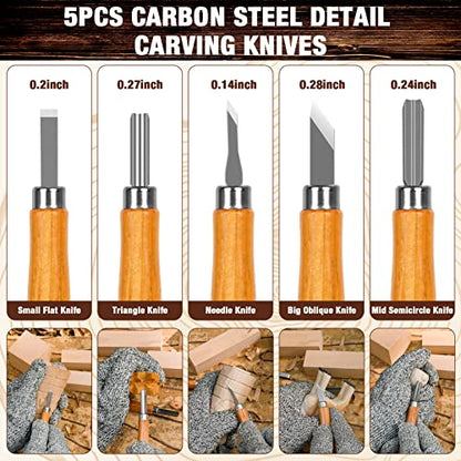 Wood Carving Kit, 23pcs Wood Carving Tool with 4PCS Wood Carving Knives & 5PCS Detail Knives 9 Basswood Blocks & Gloves & Roll Bag & Strop Block &