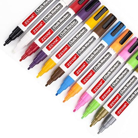 ZEYAR Liquid Chalk Marker-Wet Erase Marker, 12 Colors, 1.2mm Fine Tip for Detailed Drawing, Writes on Nonporous Chalkboards, Bistro Boards, Windows, ZEYAR