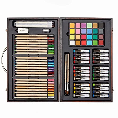 KINGART Mixed Media Art Set, Wood Case, Watercolor Cakes, Oil Pastels, Colored Pencils, Paint Brushes, Sanding Block, Eraser, Sharpener, Sketching, KINGART