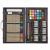 KINGART Mixed Media Art Set, Wood Case, Watercolor Cakes, Oil Pastels, Colored Pencils, Paint Brushes, Sanding Block, Eraser, Sharpener, Sketching, KINGART