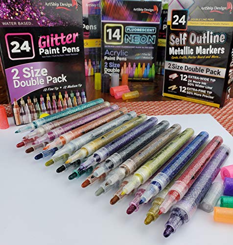 ArtShip Design 24 Glitter Paint Pens, Double Pack of Both Extra Fine and Medium Tip Paint Markers, for Rock Painting, Mug, Ceramic, Glass, and Fabric - WoodArtSupply