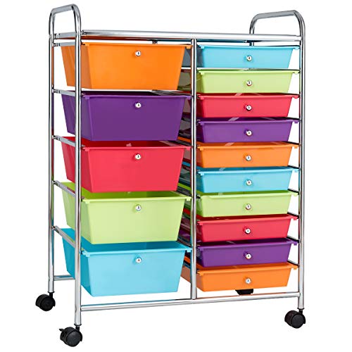 Giantex 15-Drawer Organizer Cart Office School Storage Cart Rolling Drawer Cart for Tools, Scrapbook, Paper (Multicolor) - WoodArtSupply