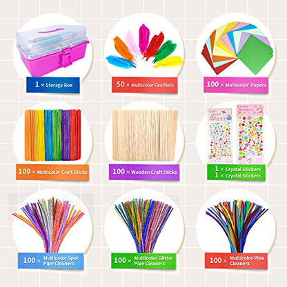 1405 Pcs Art and Craft Supplies for Kids, Toddler DIY Craft Art Supply Set Included Pipe Cleaners, Pom Poms, Feather, Folding Storage Box - All in - WoodArtSupply