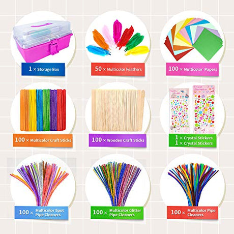 1405 Pcs Art and Craft Supplies for Kids, Toddler DIY Craft Art Supply Set Included Pipe Cleaners, Pom Poms, Feather, Folding Storage Box - All in kortes