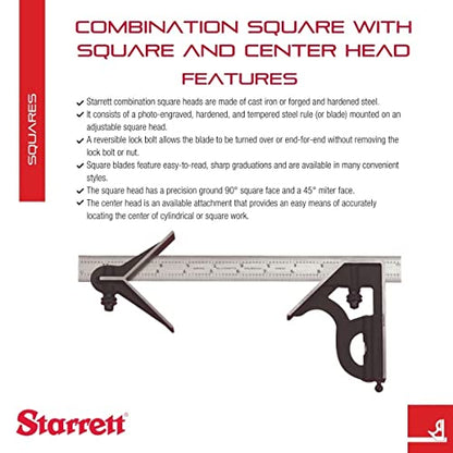 Starrett Steel Combination Square with Square Head and Center Head - 12" Blade Length, Hardened Steel, Reversible Lock Bolt, Scriber, Spirit Level - - WoodArtSupply