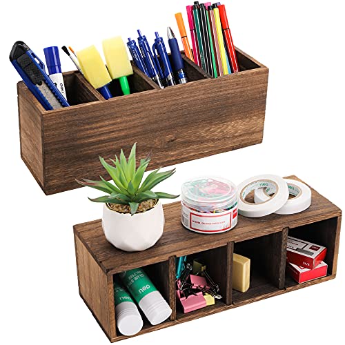 Dicunoy 2 Pack Wooden Pencil Holder for Desk, Rustic Wood Remote Control Holder Caddy, Retro Table Organizer with 4 Compartments for Art Supplies,