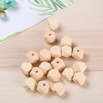 SUPVOX 100PCS Unpainted Faceted Geometric Wood Beads-12mm Natural Color Polygons Shape DIY Wooden Spacer Beads with Hole for Handmade Necklace