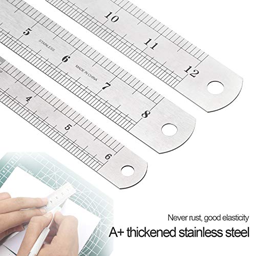 Elisel 3 PCS Stainless Steel Ruler Set with Inch and Metric Graduation, 12 Inch, 8 Inch and 6 Inch(Silvery) Elisel
