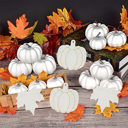 30 Pieces Wood Pumpkin Shaped Cutouts Wood Maple Leaf Unfinished Blank Wooden Crafts Hanging Gift Tags Ornaments with Hole Hemp Ropes for Fall