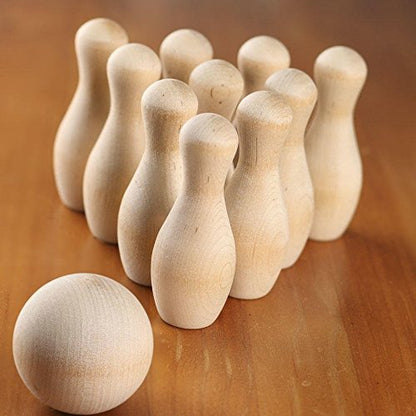 Small Unfinished Wood Bowling Set with 10 Wooden Bowling Pins and 2 Wood Balls