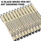 Micro Fineliner Drawing Art Pens: 12 Black Fine Line Waterproof Ink Set Artist Supplies Archival Inking Markers Liner Professional Sketch Outline KOUSICOO