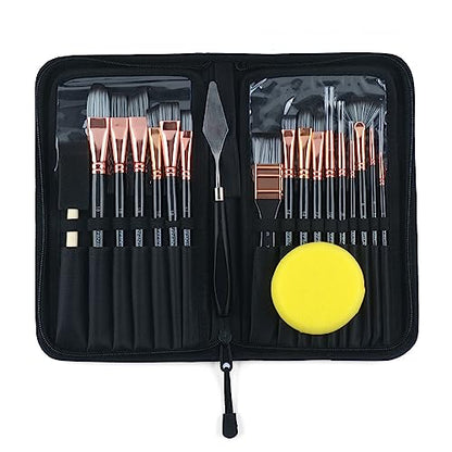 Transon Art Paint Brush Kit 16 Paint Brushes with Foam Brush Sponge Spatula and Brush Case for Oil, Acrylic, Watercolor, Gouache, Painting Black - WoodArtSupply