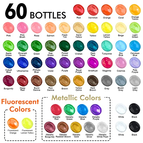 72 Pack Acrylic Paint Set, Shuttle Art 60 Colors Acrylic Paint Including Extra White Black & 12 Brushes, 2oz/60ml, Rich Pigmented, Water Proof, Ideal Shuttle Art