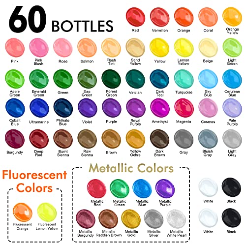 Shuttle Art Acrylic Paint 50 Colors Acrylic Paint Set 2oz/60ml Bottles Rich  Pigmented Water Proof Premium Acrylic Paints for Artists Beginners and Kids  on Canvas Rocks Wood Ceramic Fabric