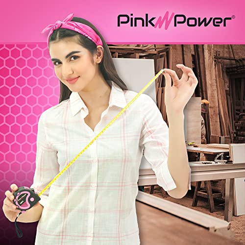 Pink Power 16ft Pink Measuring Tape Measure for Womens Tool Kit with Retractable Blade and Lock Button - Girls Tape Measure for Pink Tools - - WoodArtSupply