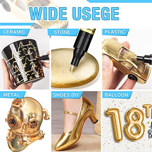 5 Liquid Gold Paint Pens for Art, Mirror Chrome Marker, Reflective Gloss Permanent Marker, Touch Up Repair Paint Pen for Model, Wood, Rock, Glass, DAPAWIN