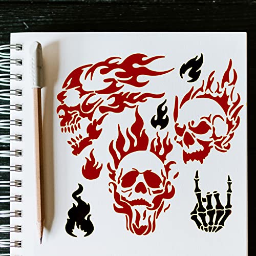 ORIGACH 6x6 inch Metal Skull Stencil Fire Skull Pyrography Stencils Template for Halloween Wood Carving, Drawings and Woodburning, Engraving and ORIGACH