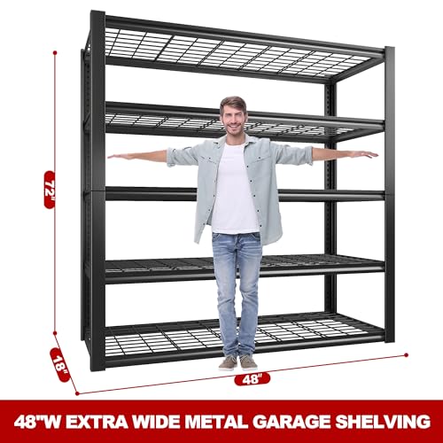REIBII 48''W Garage Shelving Heavy Duty Loads 2500LBS Garage Storage Shelves Heavy Duty Shelving 5 Tier Adjustable Metal Shelving for Garage Storage REIBII