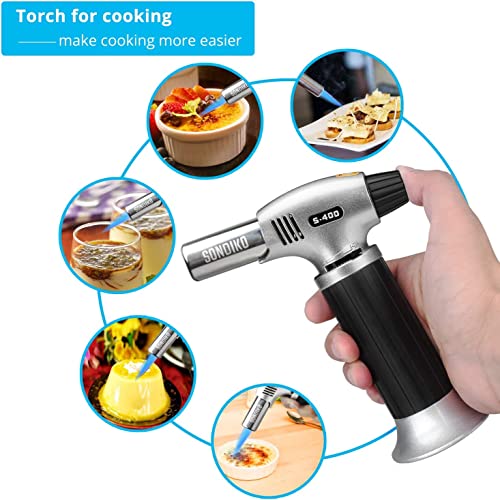 Sondiko Butane Torch S400, Refillable Kitchen Lighter, Fit All Butane Tanks Blow Torch with Safety Lock and Adjustable Flame for Desserts, Creme - WoodArtSupply