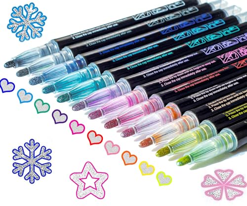 Shimmer Markers Outline Double Line: 12 Colors Metallic Glitter Pens Set Super Squiggles Sparkle Kid Age 4 8 10 Gift Cool Fun Fancy Self Sparkly KOUSICOO
