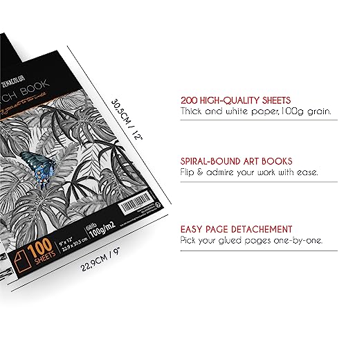 ZENACOLOR - Professional 200 Sheets Sketch Book 9"x12" with Spiral Bound and Hardback Cover - Pack of 2 - White Acid-Free Drawing Paper (100 g) Zenacolor