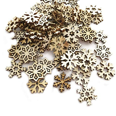 Amosfun 100pcs Hanging Wooden Christmas Tree Decorations Ornaments Wood Gift Tags Unfinished Wood Snowflake Cutouts Shapes Wooden Slices for DIY Amosfun