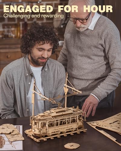 RoWood 3D Wooden Puzzles for Adults DIY Mechanical Tram Model Kit 3D Puzzles for Adults Wood Model Building Kit Model Kits Assembly Wooden Puzzles