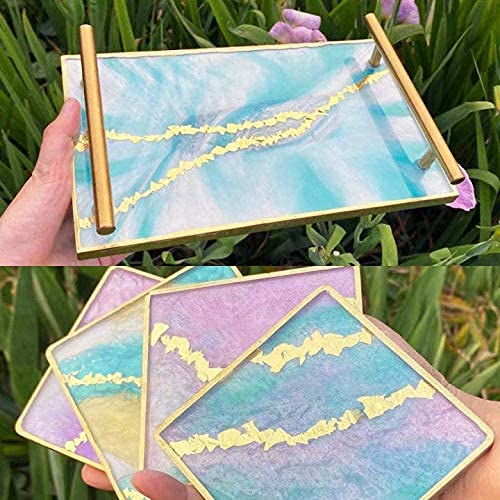 RESINWORLD Resin Tray Mold, 1Pc Thick Rectangle Tray Mold with 4 Pack Square Coaster Molds, Shiny Flat Edge Coaster Tray Silicone Mold for Resin