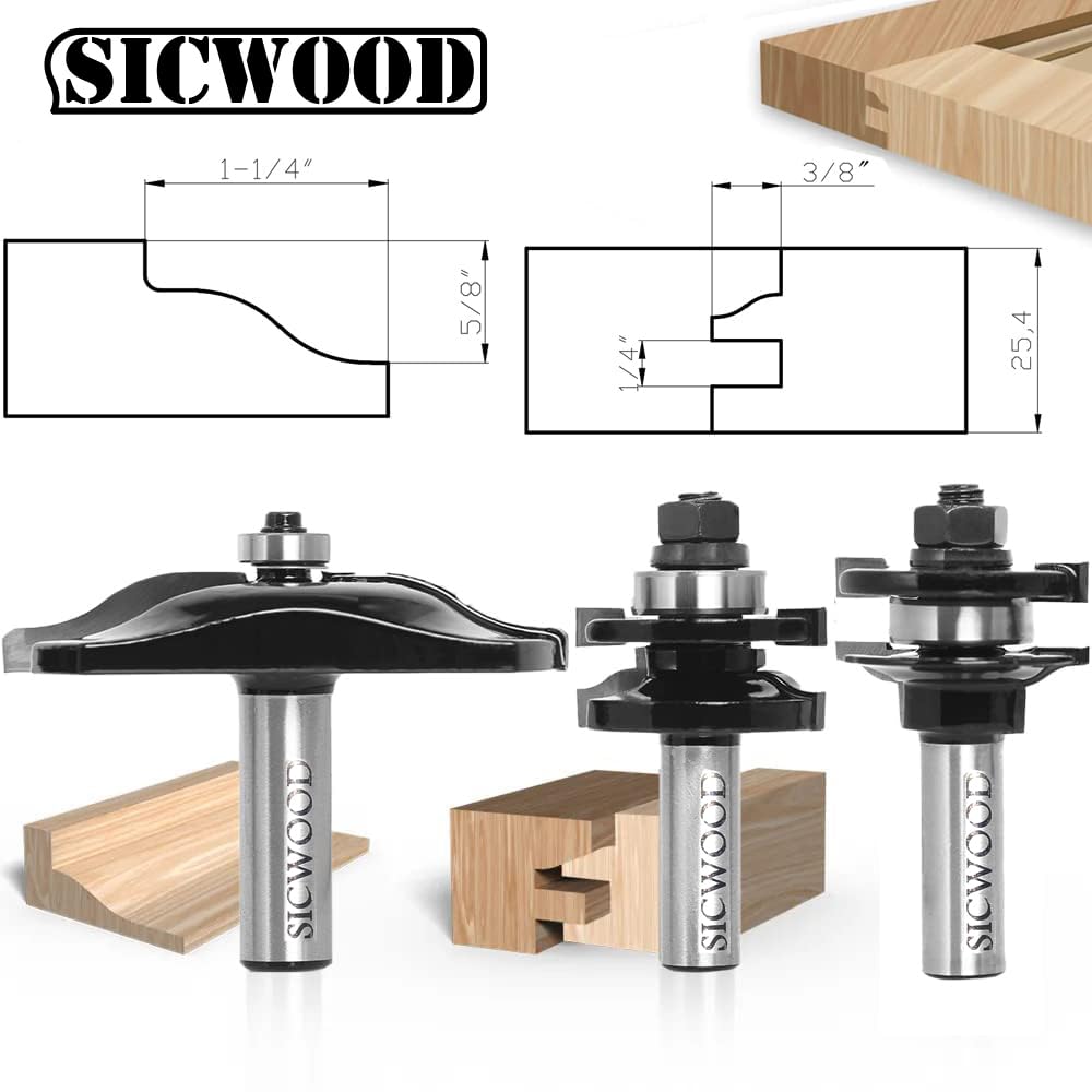 SICWOOD 3pcs Cabinet Door Router Bits Set 1/2 Inch Shank, with Updated C3 Carbide Raised Panel Cabinet Door Making Router Bits, Router Door & Window SICWOOD