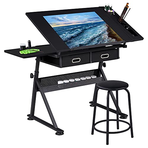 Yaheetech Art Craft Table Drawing Table Height Adjustable Drafting Desk Work Station with Tiltable Tabletop w/Stool and 2 Storage Drawers for