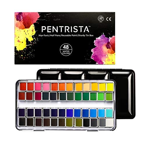 PENTRISTA Watercolor Paint set, 48 Colors Premium Solid Watercolor Half Pans in Tin Box, 1 refillable Water Brush Pen, Art Pigment Kit Perfect for PENTRISTA