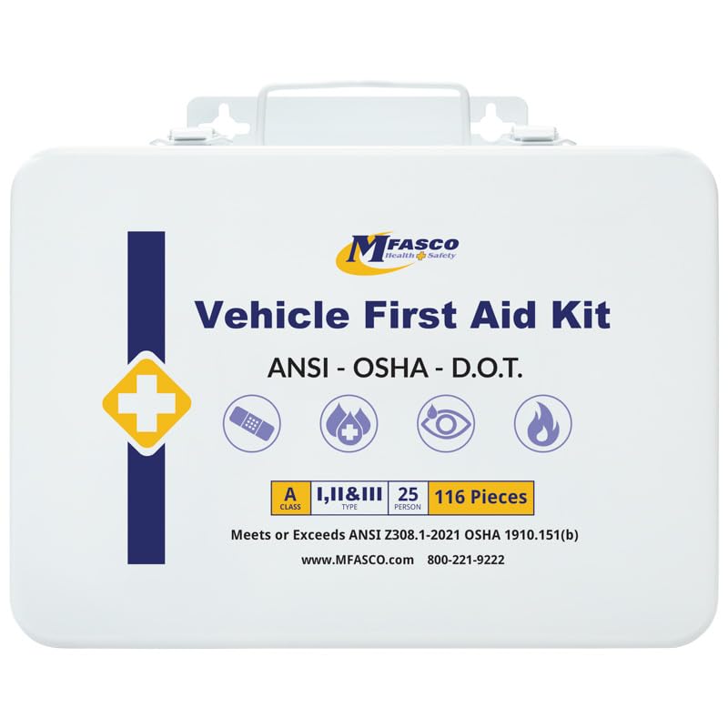 MFASCO Vehicle First Aid Kit - Compact Metal Kit - Portable & Mountable - Safety Kit for Commercial Vehicles & Workplace - DOT ANSI OSHA Compliant - MFASCO