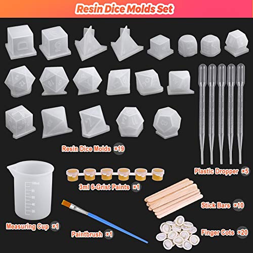 Resin Dice Molds, Shynek 19 Styles Polyhedral Game Dice Molds Set with Silicone Dice Mold, Mixing Sticks, Measuring Cup, Droppers, Acrylic Paints Set - WoodArtSupply