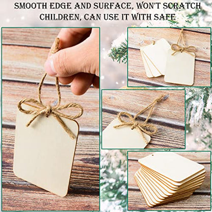 120 Pcs Wooden Tags 2.5 x 3.5 Inch Unfinished Wood Rectangle Square Wooden Cutouts with Holes Wood Ornaments with 32.8ft Rope for Holiday Gift Tags