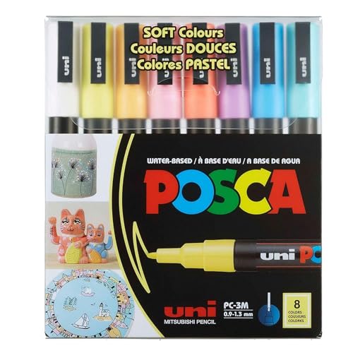 Uni Posca Markers PC-3M, Bullet Shaped 0.9mm to 1.3mm Set of 8 Soft Colors Uni-posca