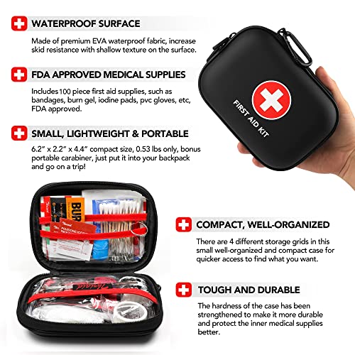 Mini First Aid Kit, 100 Pieces Water-Resistant Hard Shell Small Case - Perfect for Travel, Outdoor, Home, Office, Camping, Hiking, Car (Black) - WoodArtSupply