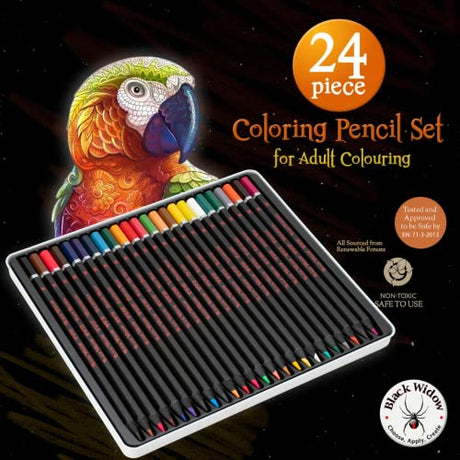Black Widow Colored Pencils For Adult Coloring - 24 Coloring Pencils With Smooth Pigments - Best Color Pencil Set For Adult Coloring Books And Black Widow